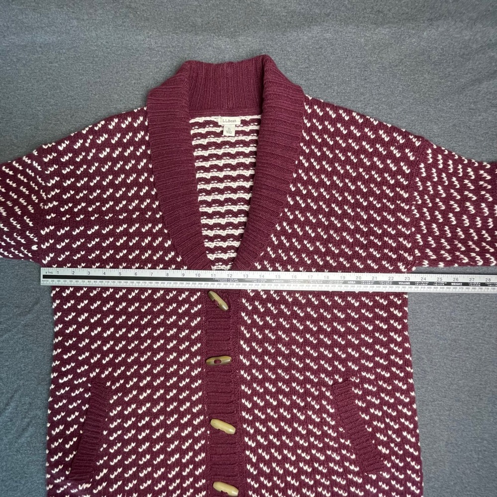 L.L.Bean Lambswool Cardigan Sweater XL Burgundy Fair Isle Shawl Collar - Picture 8 of 9